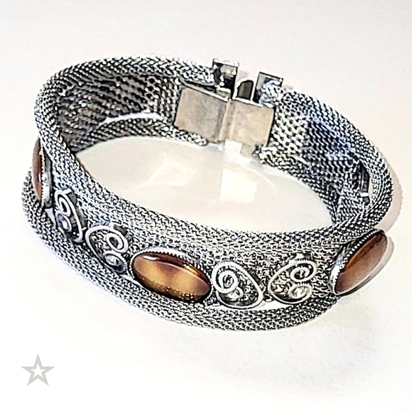 Jewelry - VINTAGE SILVER MESH BRACELET - FAUX TIGER'S EYE SLAG GLASS STONES